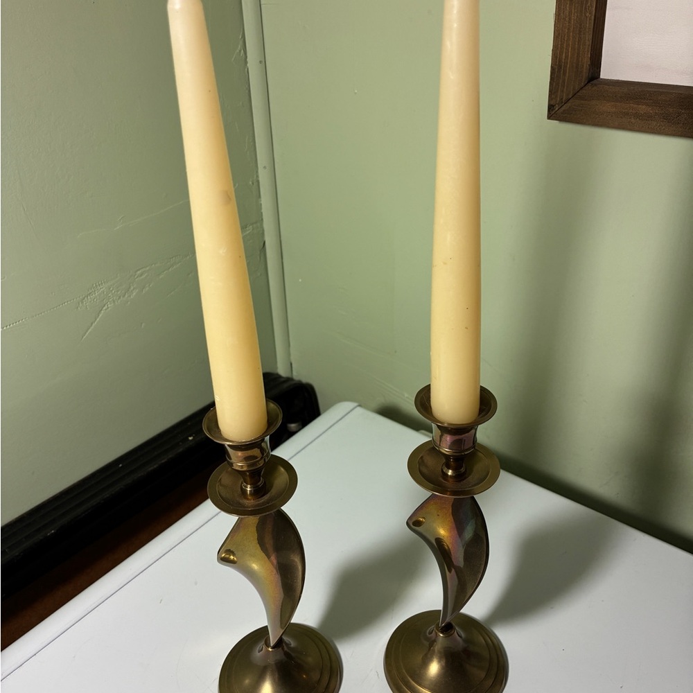 Brass Tone Sculptural Candle Holders - Pair - Picture 2 of 6